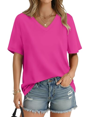 Cuptacc Tunika Damen Sommer Trendy Locker V Ausschnitt Halbarm Top Damen Einfarbig Langes Mode Oversized Leicht Und Luftig T Shirt Knallrosa M Mittel