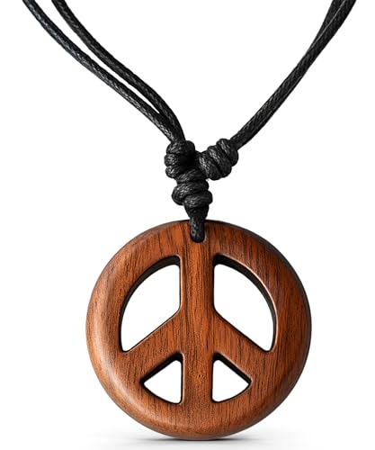 Adjustable Peace Sign Pendant Necklace with Organic Wood - Hippie Accessories and Hippie Costume for 60s or 70s - Main Image