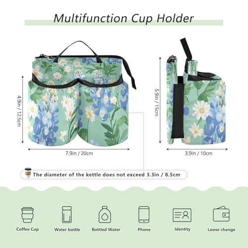 Image of Luggage Cup Holder for Suitcases Free Hands Suitcase Cup Holder Travel Luggage Drink Holder Portable Luggage Cup Caddy Bag Carrier with Handle Mint Green Bluebonnet and Daisies