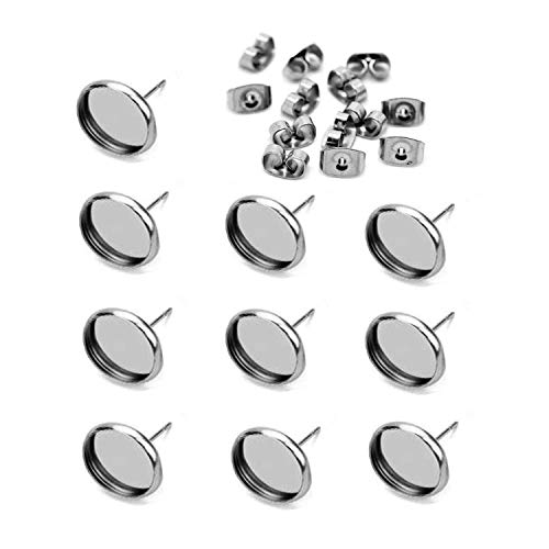40pcs 8mm Stainless Steel Blank Stud Earring Bezel Setting for Jewelry Making with 40pcs Surgical Steel Earring Backs DIY Findings (9849)