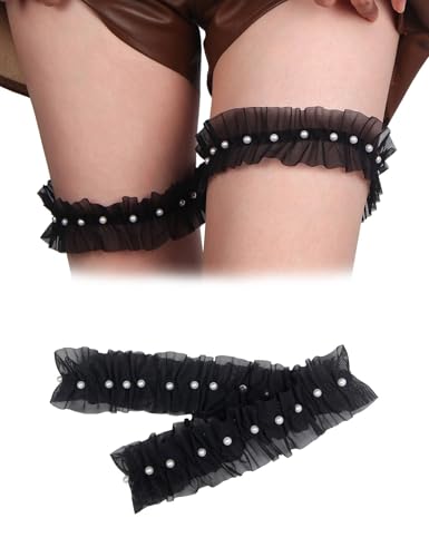 comeondear Strumpfband Hochzeit mit Perlen 2er Pack Spitze Braut Strumfband Schwarz Elastisch Sexy Bein Strumpfhalter Wedding Garters for Bride...