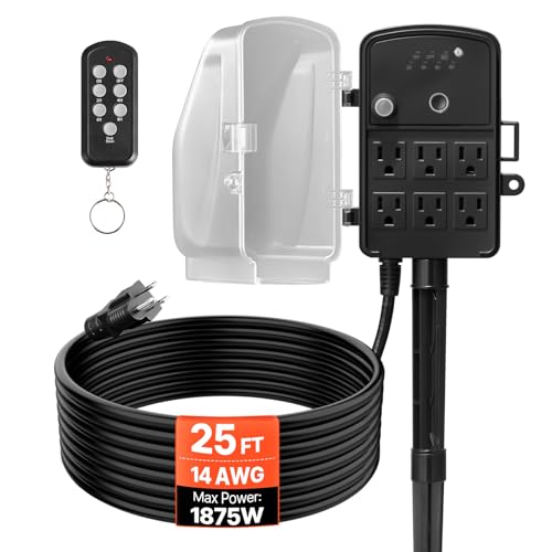 VEVOR Outdoor Power Stake Timer, 25FT Extension Cord, Remote Control Outdoor Power Strip with Cover...
