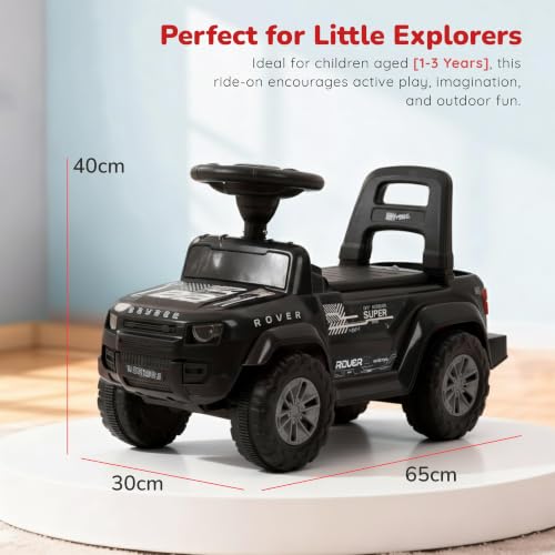 Image of Baybee Rover Baby Ride on Car for Kids | Push Ride on Toys Car with Backrest & Toy Storage Basket | Portable Rideons Jeep with LED Lights & Music | Kids Toy Car to Drive 1-3 Years (Black)