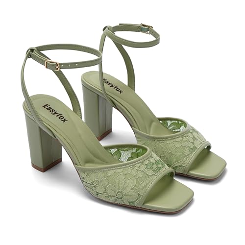 Image of Easyfox Open Toe Chunky Heel Sandals for Women Ankle Strap 3 Inch High Heels Dress Wedding Block Shoes