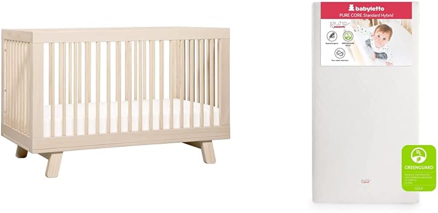 babyletto Hudson 3-in-1 Convertible Crib with Toddler Bed Conversion Kit in Washed Natural with Pure Core Crib Mattress Hybrid Quilted Waterproof Cover, Greenguard Gold Certified
