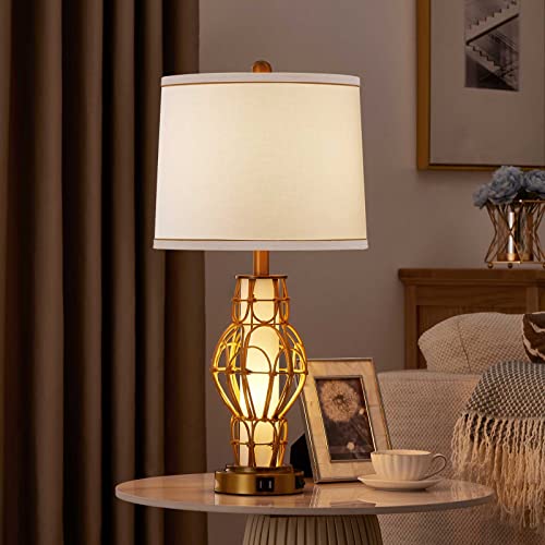 Kivditzo Rustic Farmhouse Table Lamps With Night Light Set Of 2 Wicker Bedside Lamp With Usb Ports Warm Gold + White Finish And Round Shade For Living Room Bedroom Home Office(26.5 Inch) #TOP4