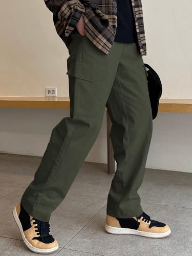 Image of GRECIILOOKS Men Loose Low-Rise Baggy Cargo Pants - Cotton Trousers with Adjustable Drawstring Waist - Casual Streetwear Utility Cargos