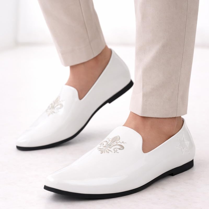 Image of FAUSTO Men's Patent Glossy Ethnic Embroidered Design Slip On Shiny Juttis & Mojaris for Party|Wedding|Festival