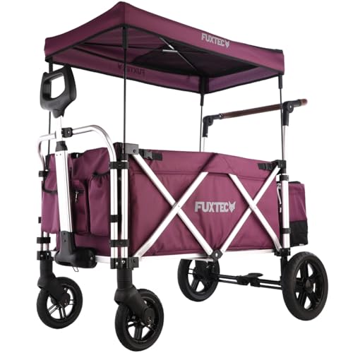 Fuxtec Bollerwagen faltbar FX-CTL900 Purpur mit Dach – Transportwagen klappbar |inkl. Hecktasche mit Schuhfach & Komfort-Schiebegriff | 5-Punkt-Gurt | Handwagen/Leiterwagen – Das Original