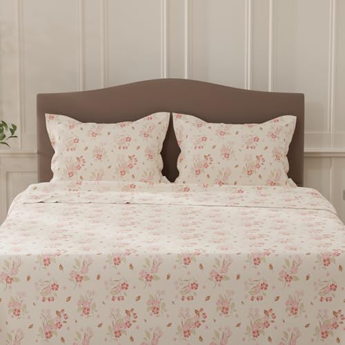 Image of Layers 100% Cotton Bedsheet for Double Size Bed | Lumina Floret Collection | 144 TC Soft & Breathable | Floral Print with 2 Pillow Covers | Wrinkle Free & Colorfast | 3 Piece Bedding Set - Pink