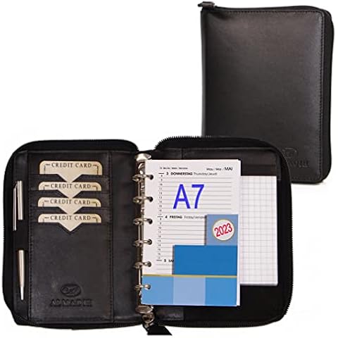 ALMADIH Leder A7 Organizer mit Reißverschluss + Kalender 2023 Notizblock Premium Rindsleder Schwarz in Geschenkbox Ledermappe Mappe Schreibmappe Terminplaner Terminkalender Ringbuchmappe Cover