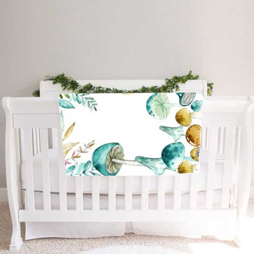 Image of Mushroom Theme Baby Monthly Milestone Blanket, Soft Flannel Watercolor Spring Tropical Eucalyptus Leaves Botanical Photography Prop Newborn Baby Shower Age Growth Tracker (Teal Mustard, 48x40in)
