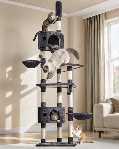 Image of Yaheetech Floor to Ceiling Cat Tree, 228-255cm Height Adjustable Tall Tower for Indoor Cats, Scratching Post with Condos Baskets and Ladder Dark Grey
