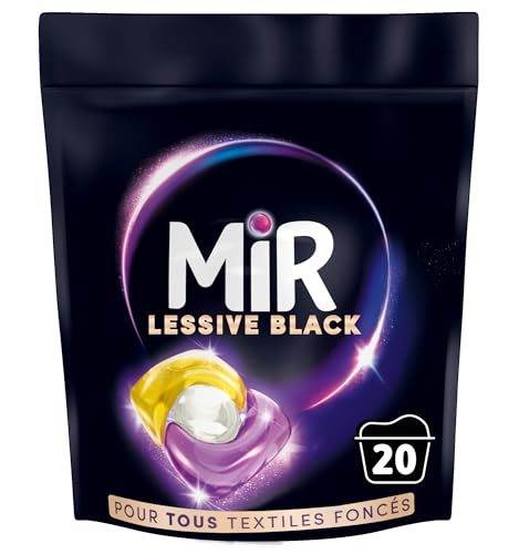 Mir - Lessive Capsules Black -Raviveur - Formule 3en1 -Couleurs - Fibres - Fraîcheur - Nettoie avec Soin - Noir Ravivé - Fibres Lissées - Anti-Bouloche - Pour les Textiles Foncés - Recharge 20 Lavages