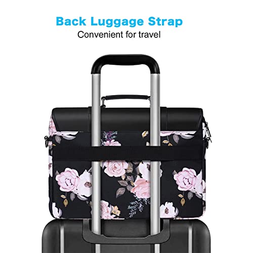 MOSISO Laptop Shoulder Bag Compatible with MacBook Pro 16 inch 2023-2019 M2 A2780 M1 A2485 A2141/Pro 15 A1398,15-15.6 inch Notebook,Peony Polyester&PU Leather Flapover Briefcase Sleeve with Belt,Black4