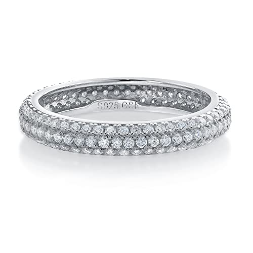 Gem Stone King White Moissanite Ring For Women | 925 Sterling Silver | 3 Rows Micro Pave Wedding Stackable Eternity Band | 1.08 Cttw | Available In Size 5, 6, 7, 8, 93