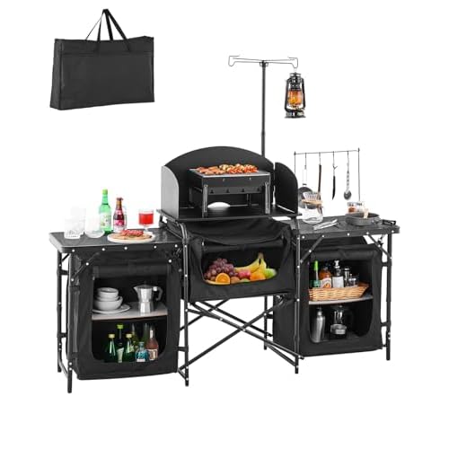 VEVOR Camping Kitchen Table, Outdoor Camp Cooking Table, Aluminum Portable Cook Station with 3 Storage Cupboard, Carrying Bag, Detachable Windscreen, Quick Set-up for BBQ Party Picnic RV Travel, Black