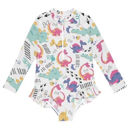Girls One Piece Swimsuits Long Sleeve Swimsuit Zipper Bathing Suits Cute Dinosaur White Cartoon