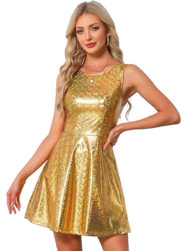 Image of Allegra K Women's Metallic Sleeveless High Waist Club Party Disco Holographic Dress