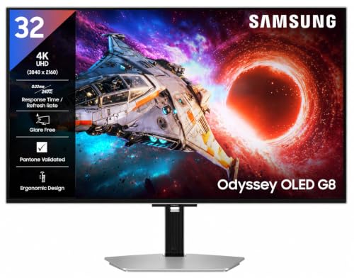 Image of Samsung Odyssey OLED G8 Gaming Monitor 80cm (32 inch) UHD, 240 Hz, 0.03ms(GTG), FreeSync Premium Pro, DP, HDMI, USB Hub, Height, Tilt, Swivel, Pivot Adjust Stand, (LS32HG800SWXXL, Silver)