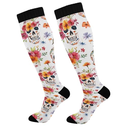 ALAZA Athletic Compression Socks Knee High Socks Stockings for Women Skull Orange Flower Running Circulation Sport Football