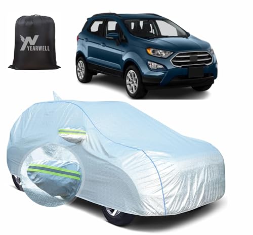 Image of Car Body Cover for Ford EcoSport, 100% Waterproof, Heat-Resistant with Mirror & Antenna Pockets, Soft Cotton Lining, Triple Stitched, Green Reflector (Reflective Silver)