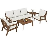 FOOWIN 7-Piece Patio Furniture Set, HDPE All-Weather Outdoor Conversation Set with Thick Cushions, Sectional Patio Sofa Furniture for Deck, Porch, Lawn, Garden, Brown Frame & White Cushion