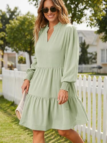 Image of Imily Bela Womens Fall Long Sleeve Tunic Dress Casual V Neck Tiered Dress | Loose,Swing,A-Line,Ruffled Collar,Puff Balloon Sleeve,Smocked Elastic Cuffs,Tiered Layered Ruffle Hem,Babydoll,Loose,Mini
