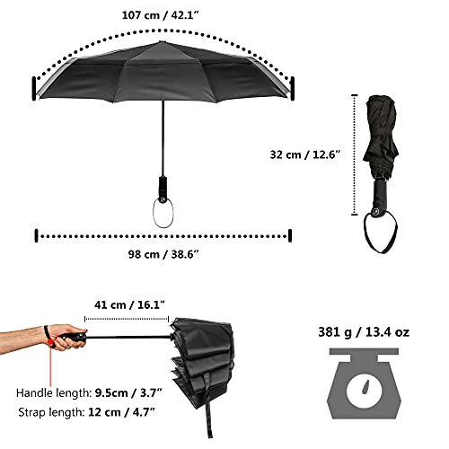 Ergonauts Windproof Vented Double Canopy Travel Umbrella With Teflon Coating - Portable Compact Foldable Lightweight Design And High Wind Resistance (Black) #TOP7