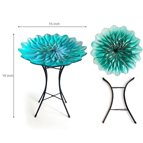 Image of HONGLAND Bird Bath for Outside,15 inch Diameter Large Glass Birdbaths for Outdoors,Detachable Bird Baths Bowl with Metal Stand for Garden Patio Lawn Decor,19 inch Height - Green