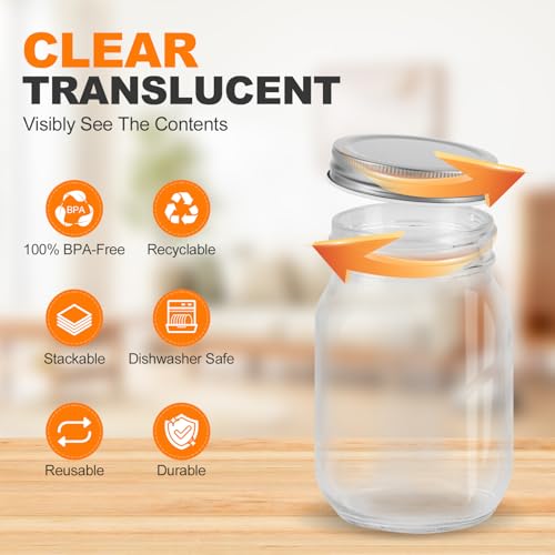 Glass Regular Mouth Mason Jars, 16 oz Clear Glass Jars with Silver Metal Lids for Sealing, Canning Jars for Food Storage, Overnight Oats, Dry Food, Snacks, Candies, DIY, Meal Prep (Silver, 4PACK) - Image 3