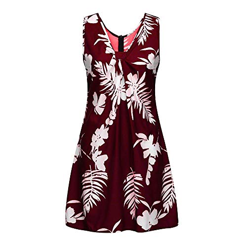 JUTREE Womens Summer Fashion Floral Print Sleeveless Casual Beachwear Loose Party Dress(M,Red)