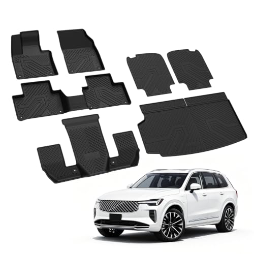 Image of LASFIT Floor Mats for Volvo XC90 2020-2026 T8 6-Seats Only, with Cargo Mat | Not Fit Gas, Fit PHEV T8 All Weather TPE Liner, Refined Interior Protection, 1st 2nd 3rd Row Mats, Trunk Mat & Backrest Mats