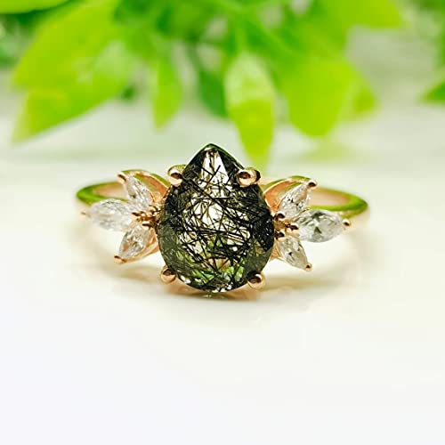 Rings For Women Natural Black Rutilated Quartz Ring-Salt And Pepper Diamond Ring-Pear Shaped Black Quartz Ring Beautiful Gift Wedding Ring BY FOREVER GEMS & JEWELS, Rose Gold,White,Silver4