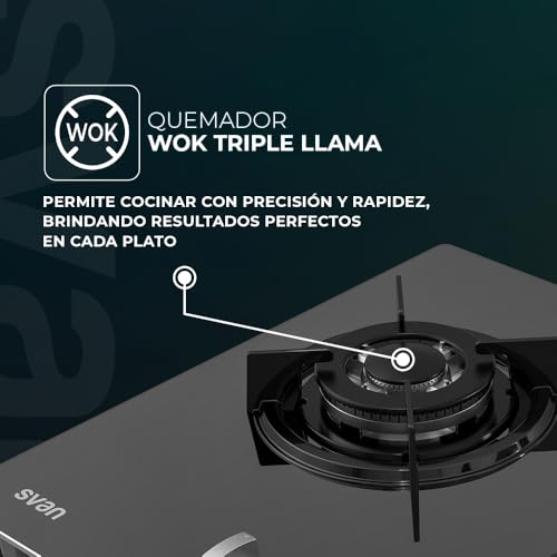 Svan Encimera de Gas SGW3601N. 3 Quemadores, Integrable, Quemador WOK triple llama, Acabado en Cristal negro