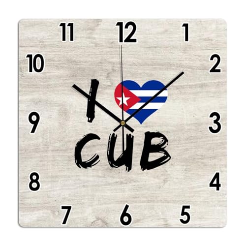 Yelolyio Reloj de pared cuadrado I Love Cuba, reloj de pared grande, bandera de Cuba, 30 x 30 cm, cuadrado, silencioso, sin tictac, reloj de madera único para el hogar, oficina, aula, escuela, hoteles