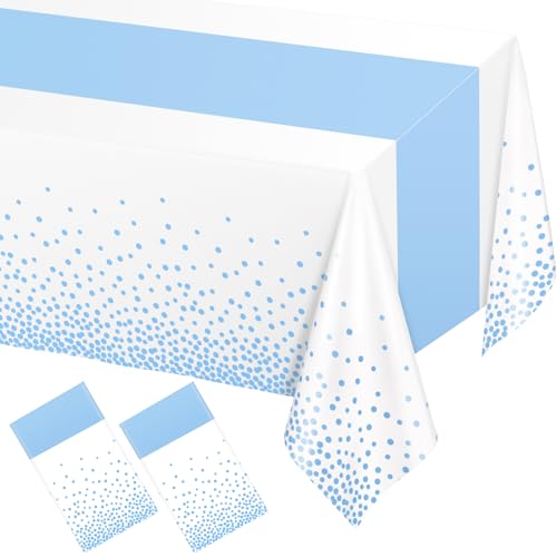 Image of WNINK 2 Pack White and Light Blue Tablecloths, Light Blue Disposable Plastic Waterproof Table Cover, 54 inch x 108 inch, for Birthday, Baby Shower,Wedding, Bridal Shower, Picnic Camping Parties