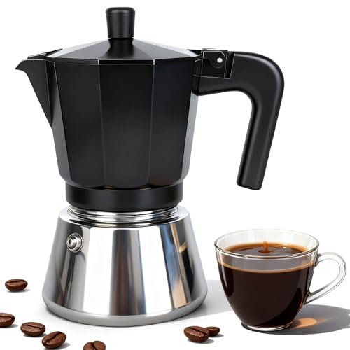 Romon Caffettiera Induzione, Caffè Moka Espresso Elettrica Macchinetta Moke Caffettiere Acciaio Inossidabile, Adatta a Tutti i Tipi di Piatti, 6 Tazze Alluminio per Casa Ufficio Campeggio, Nero 350ml