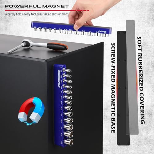 2-Piece 1/4"-Drive SAE Magnetic Socket Organizer Set (Holds 26 Sockets) - Detachable Tool Tray with 5mm Magnetic Base, Screw-Fixed Design & Heavy-Duty Modular Storage for Garage/Home Workshop