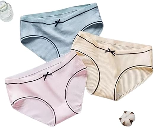 PTSCS Women’s Mid Waist Cotton Panties – Ribbed Knit Soft Breathable Bikini Underwear with Contrast Trim &amp; Bow | Multicolo...