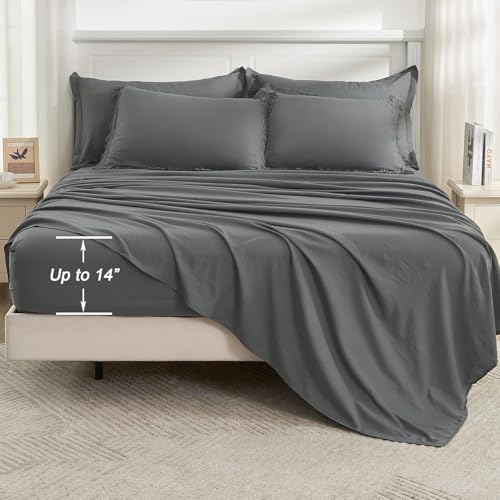 Image of Andency Oversized King Comforter Set Dark Grey 120x98-7 Pieces Boho Tassel Bed in a Bag Soft Lightweight Bedding Sets, Fringe All Season Bed Set with Comforter, Sheets, Pillowcases & Shams