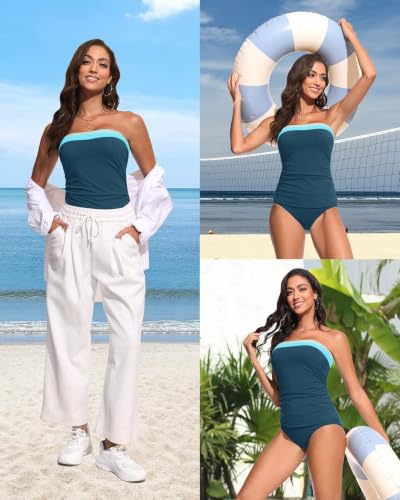 Image of Daci Women Strapless Tankini Tummy Control 2 Piece Bandeau Swimsuit | Full Coverage,Removable&Adjustable Straps,Built-in Soft Unremovable Bra,Ruched Tummy Control,Mid Waist Bottom,Fully Lined
