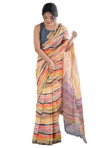 Image of Satrani Women's Georgette Printed & Mirror Work Saree with Unstitched Blouse Piece