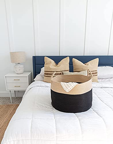 Image of OrganiHaus Round Toy Basket & Blanket Basket, Cotton Rope 20x13 inch | Black / Honey - Round Cotton Rope Basket, 20x13 inch