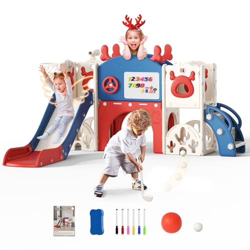 Krovtoy Kleinkindrutsche mit Weihnachtselch-Motiv, freistehende Kleinkindrutsche mit Golf-Set, Babyrutsche, Spielplatzgerät, für den Innen- und Außenbereich (Blau Rot- 7 in 1)