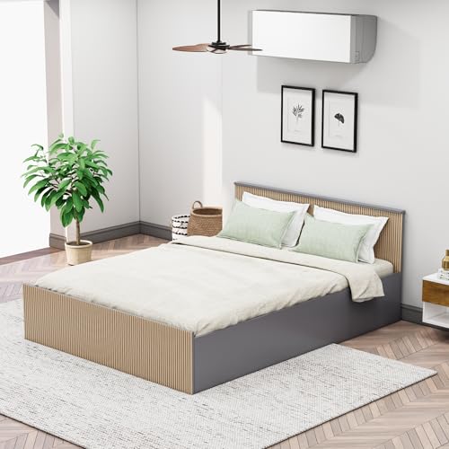 Image of Bniture Modern Queen Size Bed with Storage Box | Engineered Wood Bed 3D Textured Panels | Dual Tone Cupboard for Bedroom | Wooden Bed Queen Beds Storage (Grey & Giant Wood, Queen)