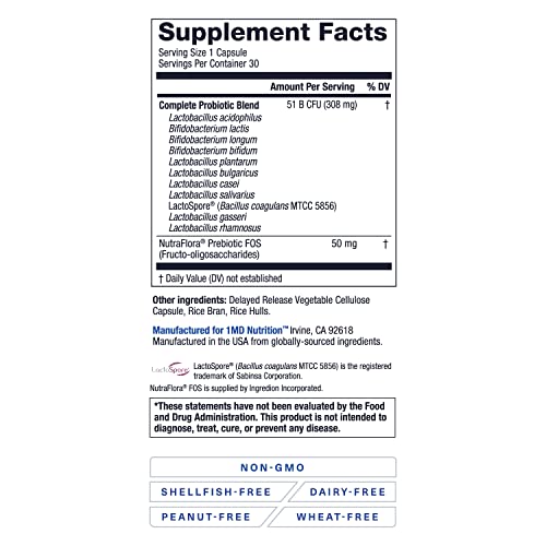 1Md Nutrition Complete Probiotics Platinum Prebiotics And Probiotics For Men & Women - Probiotic Supplement For Digestion W/More Than 50 Billion Live Cfu 11 Strains Dairy-Free - Vegetarian Caps #TOP5