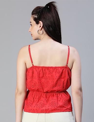 Image of oxolloxo Women Schiffli Elsaticated Shoulder Strap Cotton Top