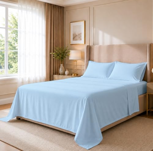 Cottingon 4 Piece Olympic Queen Sheets Soft Premium 100% Long Staple Egyptian Cotton Super Queen Mattress Bedsheet Set Fits Upto 15 Deep Pocket 66X80 Light Blue