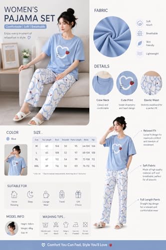 Image of Women's Pure Cotton Nightwear Set - Cute Printed Lavender Half Sleeve T-Shirt and Pajama Set for Girls, Comfortable Loungewear & Sleepwear
